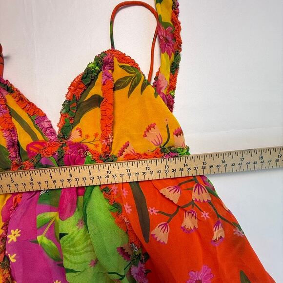 FARM Rio Tropical Patchwork Floral Ruffle Mini Dress Multicolor Boho Size Small - Picture 4 of 16